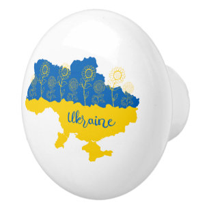 Bouton De Porte En Céramique Carte de l'Ukraine avec tournesol et drapeau ukrai