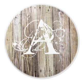 Bouton De Porte En Céramique Cartes en bois rustique avec Monogramme Chic Shabb