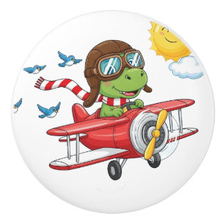 Bouton De Porte En Céramique Cartoon Dinosaur Pilot Flying Red Airplane