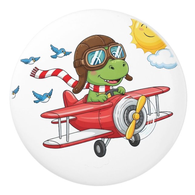 Bouton De Porte En Céramique Cartoon Dinosaur Pilot Flying Red Airplane (Devant)