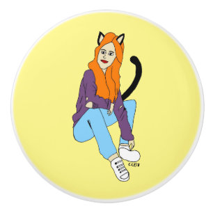 Bouton De Porte En Céramique catgirl