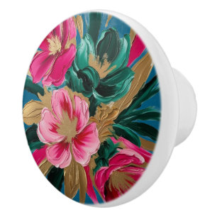 Bouton De Porte En Céramique Centre Fleur Dorée avec Pétales Roses & Contraste