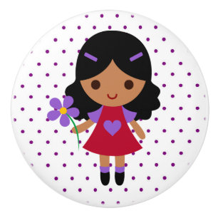 Bouton De Porte En Céramique Ceramic Knob/Flower Girl avec Pois violets