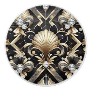 Bouton De Porte En Céramique Céramique Luxe Art Déco Noir et Or Faux Diamant