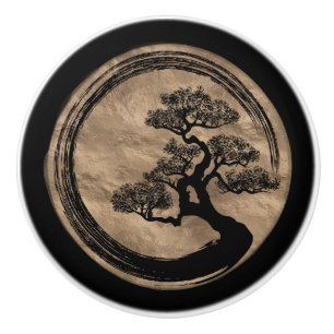 Bouton De Porte En Céramique Cercle de zen d'Enso et or d'arbre de bonsaïs