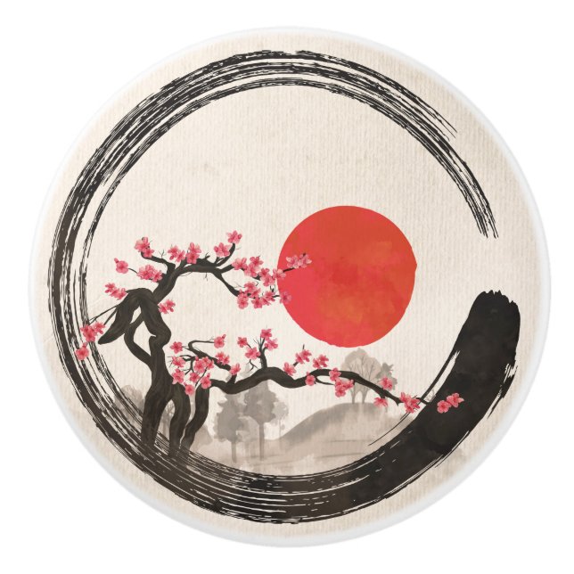 Bouton De Porte En Céramique Cercle d'Enso de zen et arbre de Sakura (Devant)