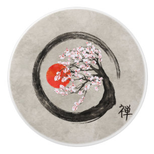Bouton De Porte En Céramique Cercle d'Enso de zen et arbre de Sakura sur la