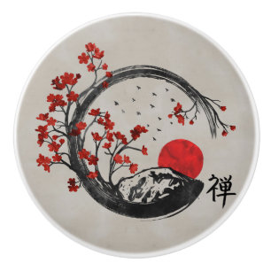 Bouton De Porte En Céramique Cercle d'Enso de zen et branches de Sakura