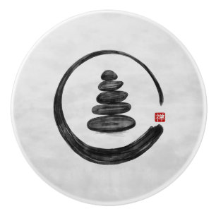 Bouton De Porte En Céramique Cercle Zen Enso et pierres Zen - Aquarelle