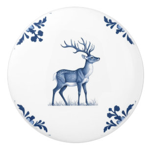 Bouton De Porte En Céramique Cerf aux bois Delft Blue et White Corners
