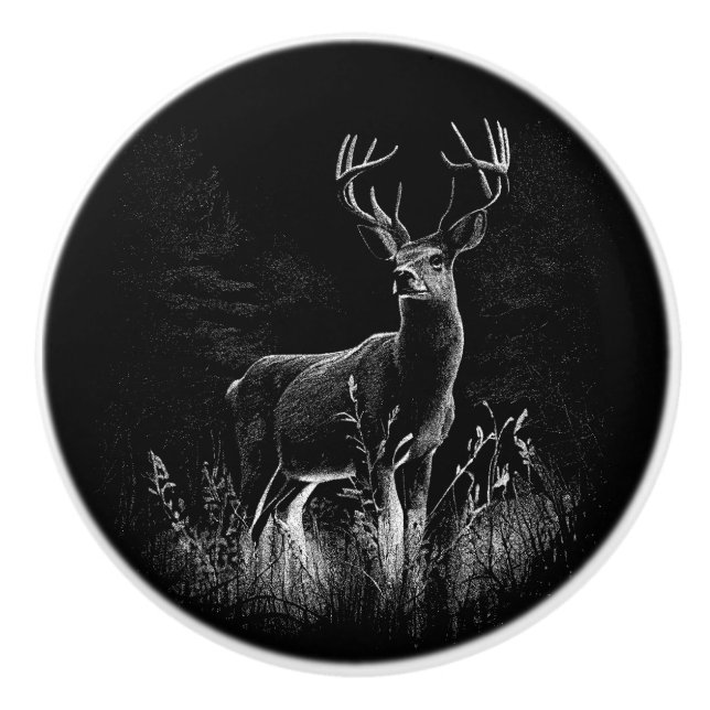 Bouton De Porte En Céramique Cerf aux bois encadrés par champ et arbre (Devant)