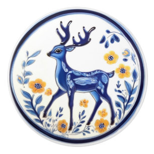 Bouton De Porte En Céramique Cerf floral Bleu et blanc Bois Folk Art animal
