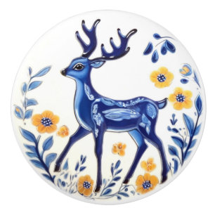 Bouton De Porte En Céramique Cerf floral Bleu et blanc Bois Folk Art animal