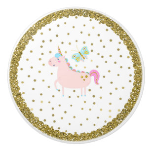 Bouton De Porte En Céramique Chambre de fille licorne paillettes rose et or Nur