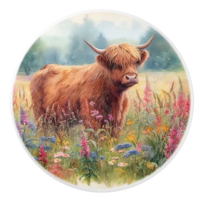 Bouton De Porte En Céramique Champ Fleur sauvage de vache de Highland Watercolo (Devant)
