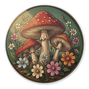 Bouton De Porte En Céramique Champignons et Fleurs Sauvages de Style Campagnard