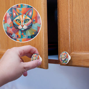 Bouton De Porte En Céramique Chat Abstrait coloré