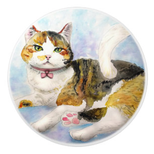 Bouton De Porte En Céramique Chat aquarelle