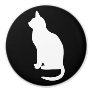 Bouton De Porte En Céramique Chat blanc assis tourné vers la gauche