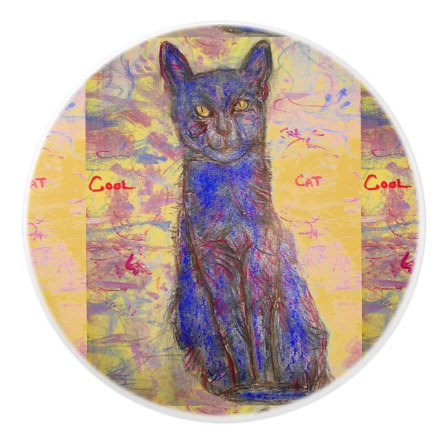 Bouton De Porte En Céramique chat bleu frais (Devant)