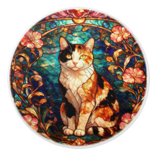 Bouton De Porte En Céramique Chat Calico de Style Art Nouveau en Verre Coloré