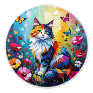 Bouton De Porte En Céramique Chat Coloré et Fleurs