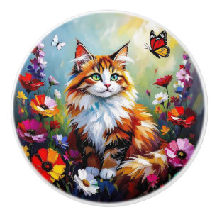Bouton De Porte En Céramique Chat d'art populaire à l'impasto coloré  