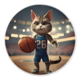 Bouton De Porte En Céramique Chat de basket-ball,