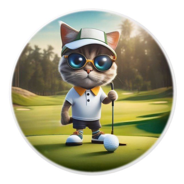 Bouton De Porte En Céramique Chat De Golf Prêt À Jouer Au Golf, (Devant)