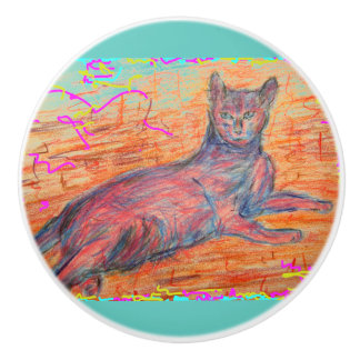 Bouton De Porte En Céramique chat ensoleillé de pavé rond