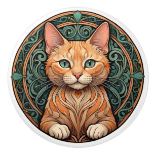 Bouton De Porte En Céramique Chat Ginger Art Nouveau