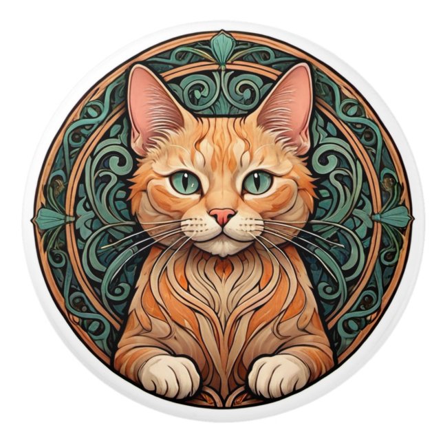 Bouton De Porte En Céramique Chat Ginger Art Nouveau (Devant)