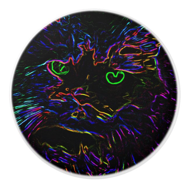 Bouton De Porte En Céramique Chat Neon Glow (Devant)