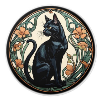 Bouton De Porte En Céramique Chat noir Art Nouveau