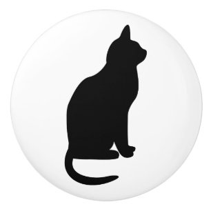 Bouton De Porte En Céramique Chat noir assis tourné vers la droite