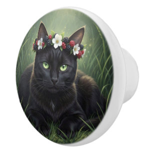 Bouton De Porte En Céramique Chat noir avec couronne de mûre et de fleur