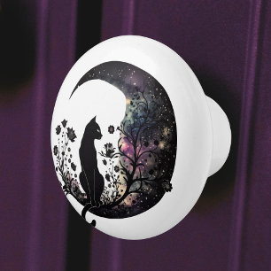 Bouton De Porte En Céramique Chat noir Céleste Lune moderne