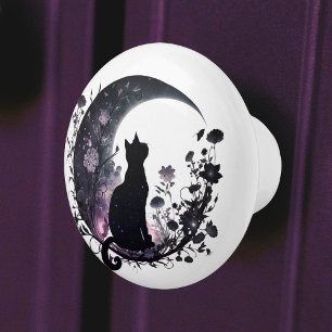 Bouton De Porte En Céramique Chat noir Céleste Lune moderne