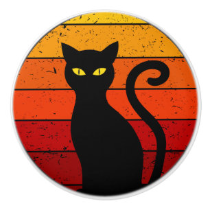Bouton De Porte En Céramique Chat noir d'Halloween au coucher du soleil rétro v