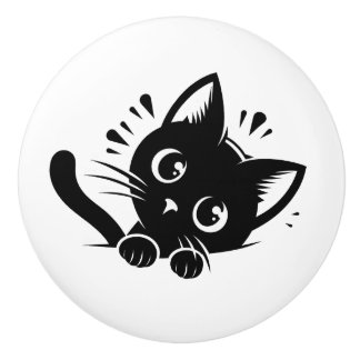 Bouton De Porte En Céramique Chat noir mignon qui regarde