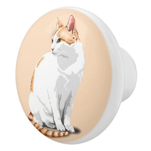 Bouton De Porte En Céramique Chat orange et blanc