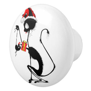 Bouton De Porte En Céramique Chat Père Noël et souris avec cadeau de Noël