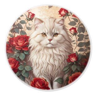 Bouton De Porte En Céramique Chat Persan Vintage Élégant Avec Des Roses