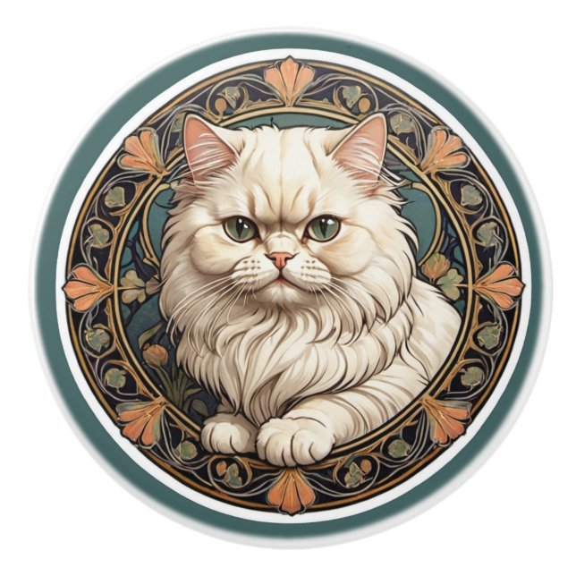 Bouton De Porte En Céramique Chat Perse Art Nouveau (Devant)