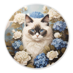Bouton De Porte En Céramique Chat Ragdoll avec fleurs d'hortensia bleues