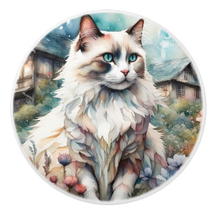 Bouton De Porte En Céramique Chat Ragdoll dans un jardin anglais