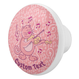 Bouton De Porte En Céramique Chat rose avec Violon Ceramic Knob