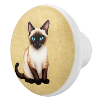 Bouton De Porte En Céramique Chat siamois sur vieux papier