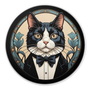 Bouton De Porte En Céramique Chat smoking élégant
