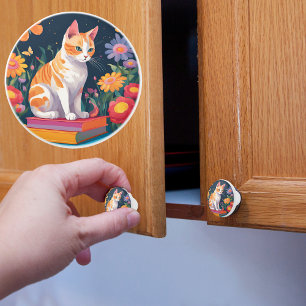 Bouton De Porte En Céramique Chat sur des Livres